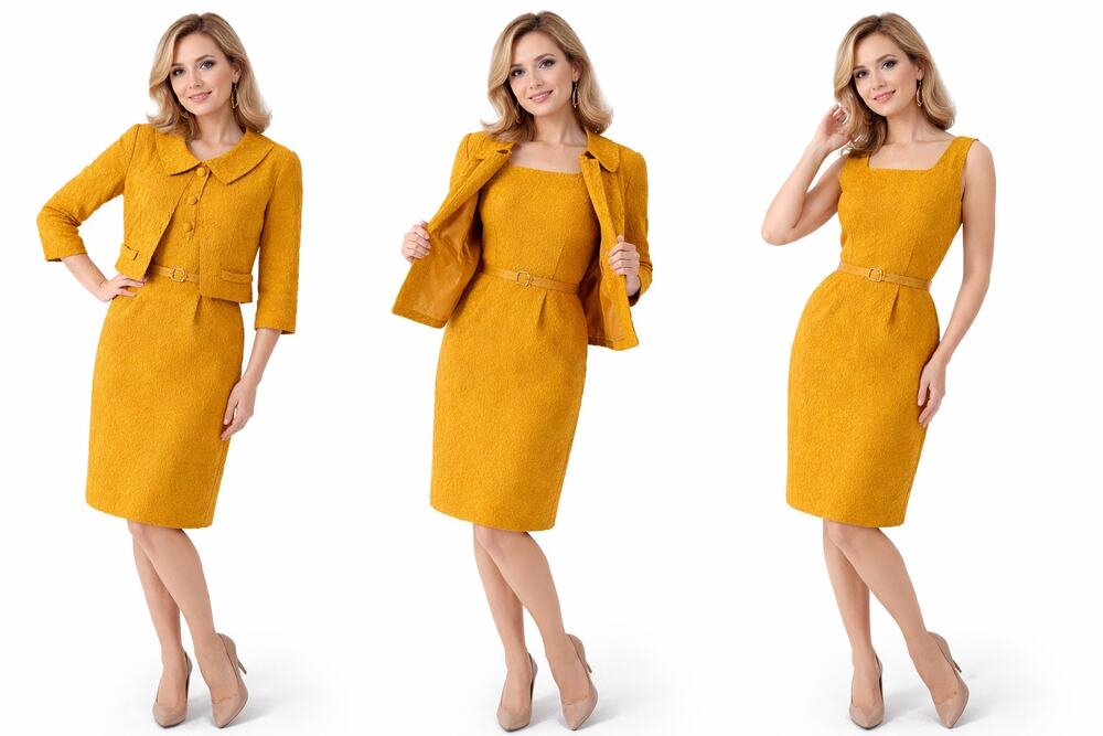 1960s Mustard Textured Wiggle Dress & Cropped Jacket Set ILGWU Size Medium
